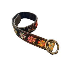 Vtg Velvet Black Belt Embroidered Heart X Design Dual Lion Head Buckle